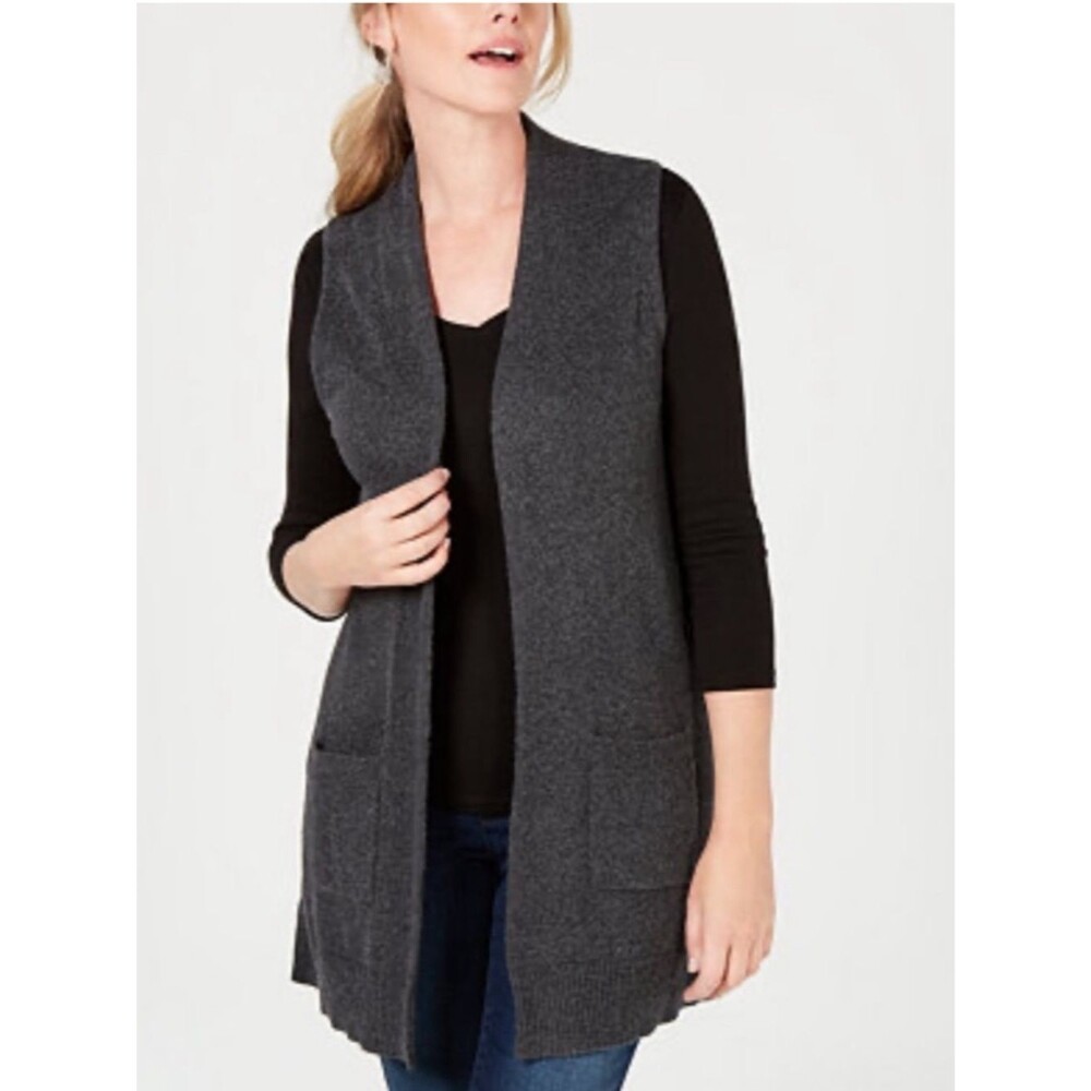 Tahari Charcoal Gray 100% Superfine Merino Wool Open-Front Duster Sweater Vest M